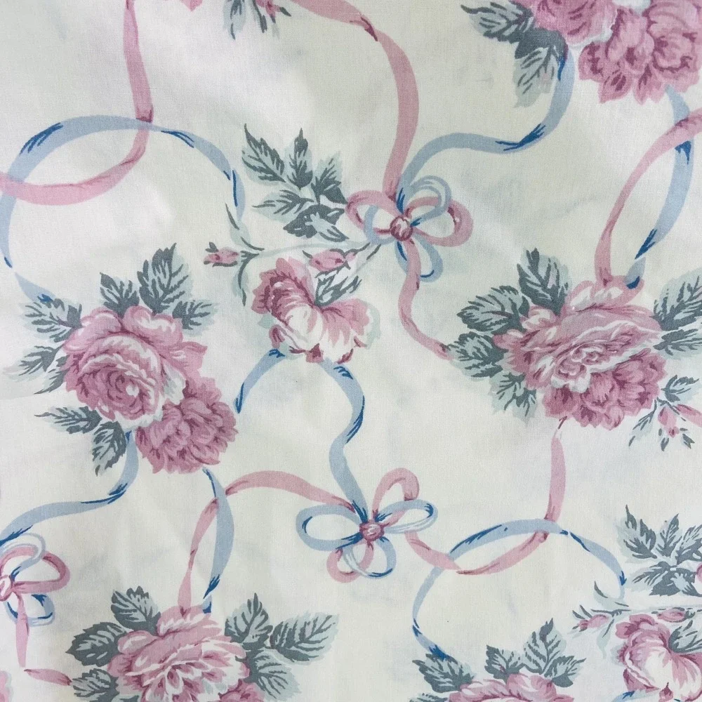 Vintage Stevens Full Flat Sheet Cases Pink Floral Roses Blue Ribbon Made in USA
